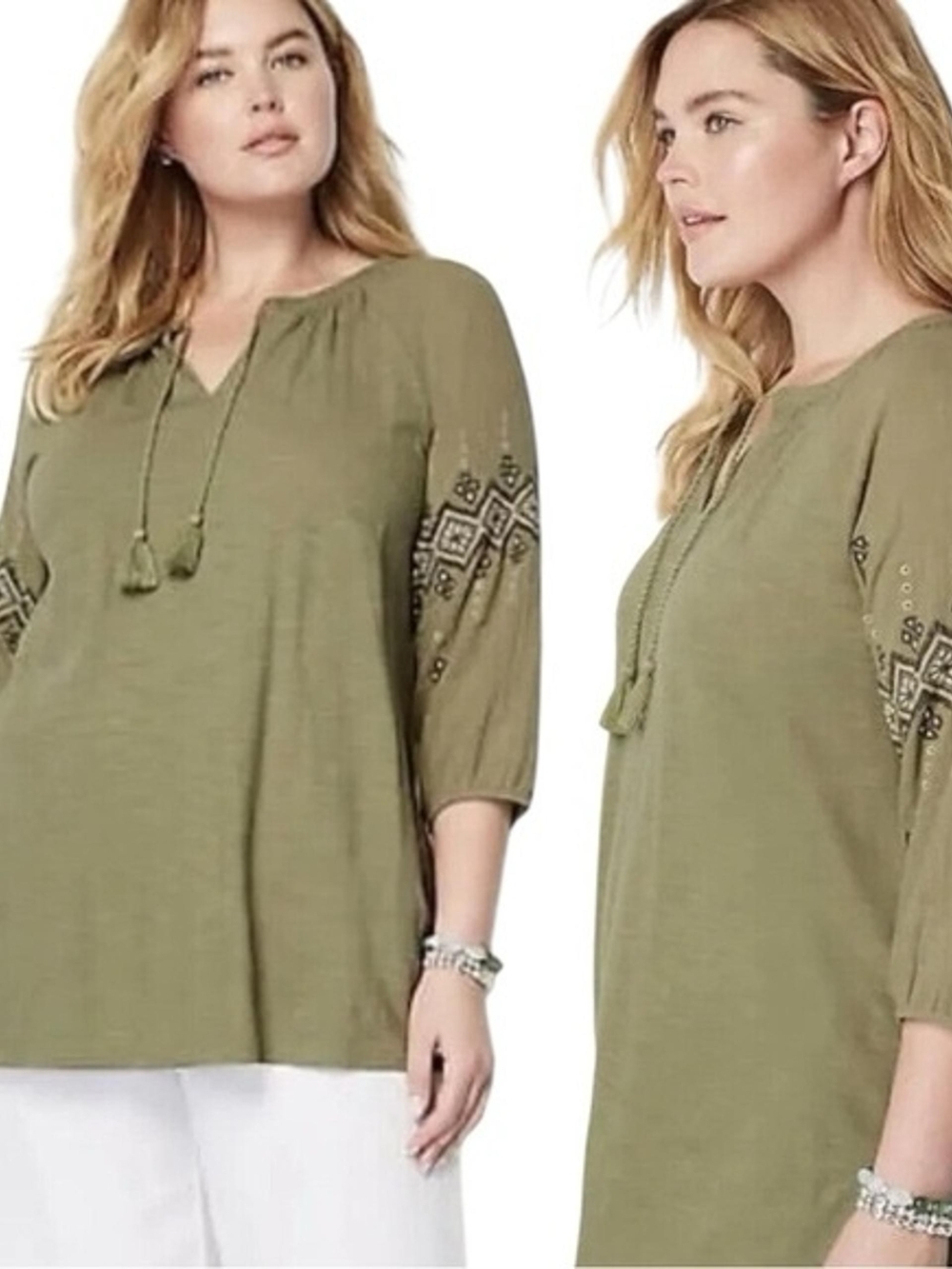 J. Jill Olive Embroidered Tie-Neck Bohemian Cotton Tunic